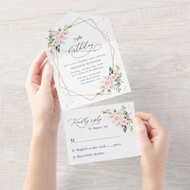 Pink Flowers, White Flowers, Greenery, Birthday All In One Invitation (Tearaway)