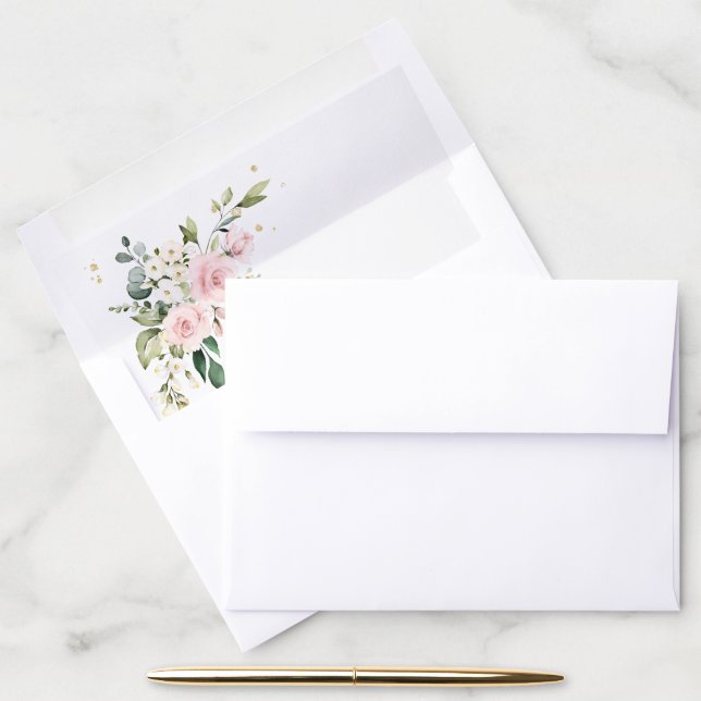 Pink Flowers, White Flowers, Greenery, Birthday Envelope Liner (Desk)
