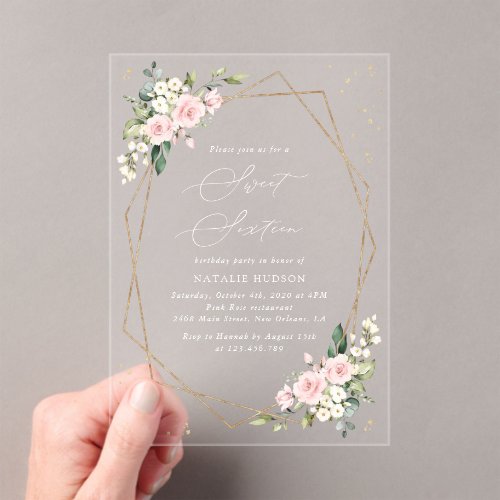 Pink Flowers, White Flowers, Greenery, Sweet 16 Acrylic Invitations