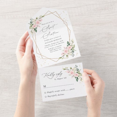 Pink Flowers, White Flowers, Greenery, Sweet 16 All In One Invitation
