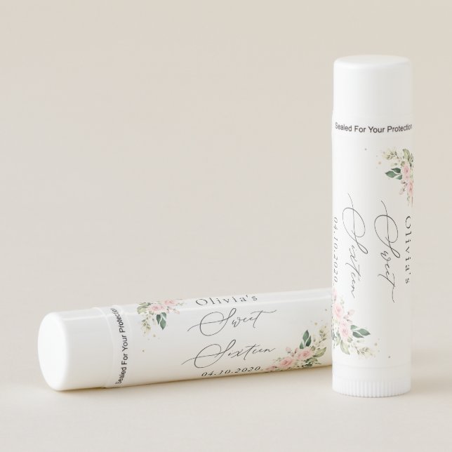 Pink Flowers, White Flowers, Greenery, Sweet 16 Lip Balm (Front)