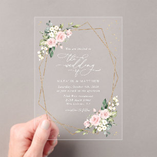 Pink Flowers, White Flowers, Greenery, Wedding Acrylic Invitations