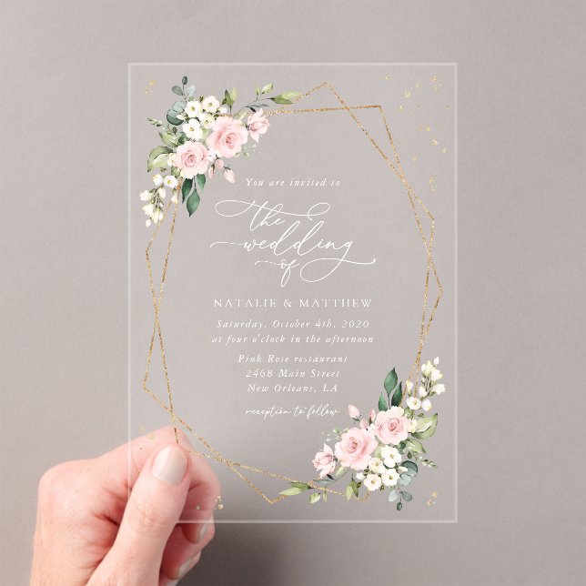 Pink Flowers, White Flowers, Greenery, Wedding Acrylic Invitations (Insitu (Handheld))