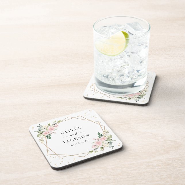 Pink Flowers, White Flowers, Greenery, Wedding Beverage Coaster (Right Side)