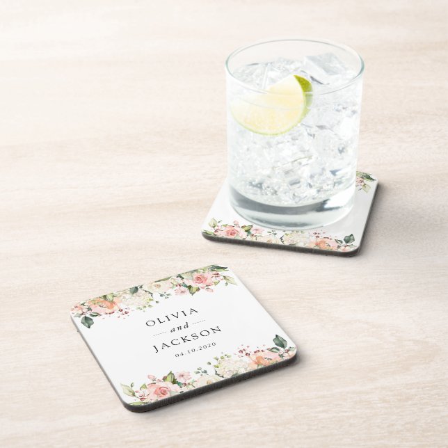 Pink Flowers, White Flowers, Greenery, Wedding Beverage Coaster (Right Side)