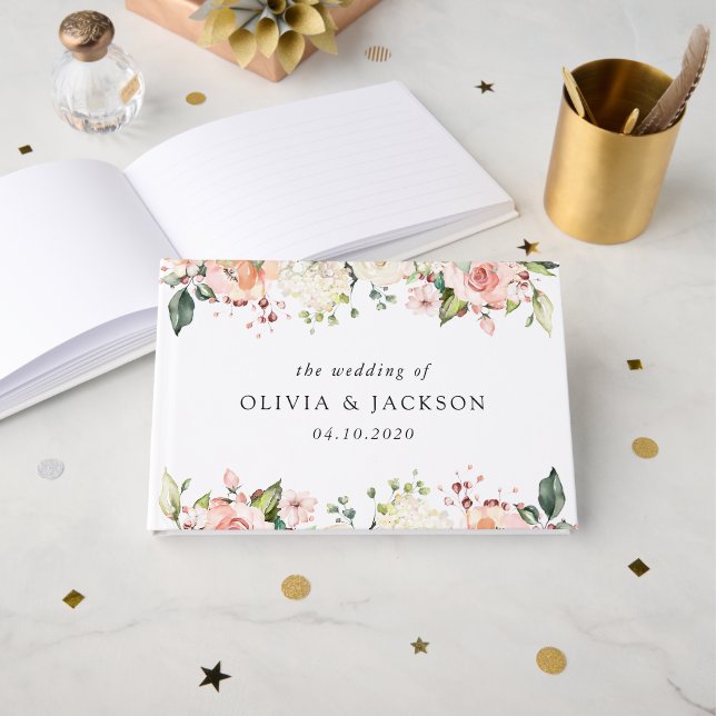Pink Flowers, White Flowers, Greenery, Wedding Guest Book (Front Open)