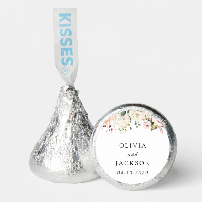 Pink Flowers, White Flowers, Greenery, Wedding Hershey®'s Kisses® (Front)