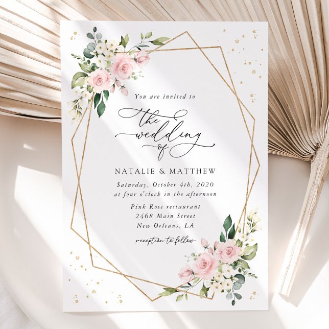 Pink Flowers, White Flowers, Greenery, Wedding Invitation (Creator Uploaded)