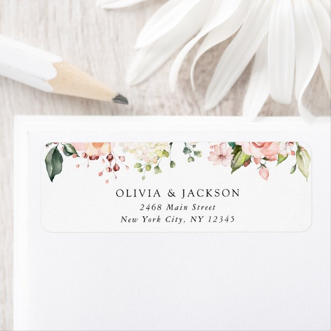Pink Flowers, White Flowers, Greenery, Wedding Label (Insitu)