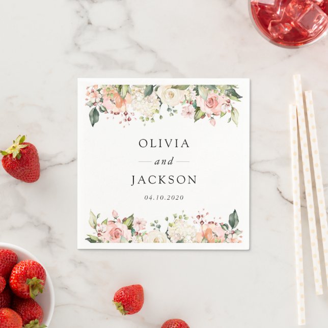 Pink Flowers, White Flowers, Greenery, Wedding Napkins (Insitu)
