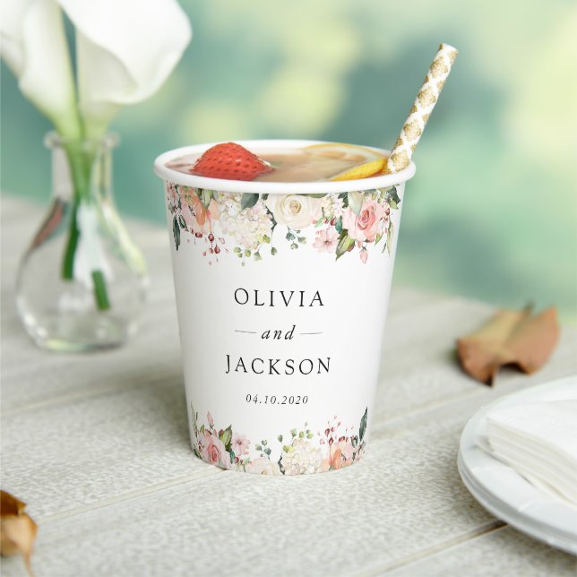 Pink Flowers, White Flowers, Greenery, Wedding Paper Cups (Insitu)