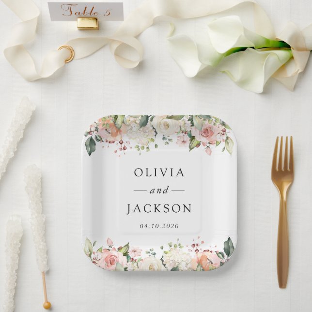 Pink Flowers, White Flowers, Greenery, Wedding Paper Plates (Wedding)
