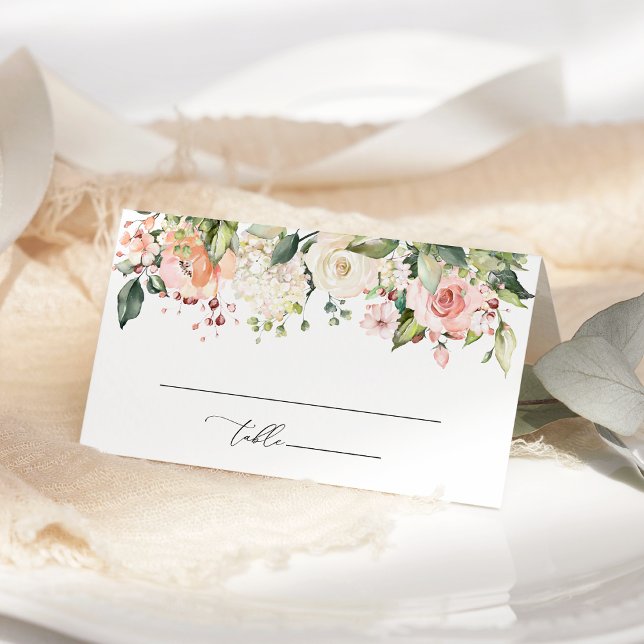 Pink Flowers, White Flowers, Greenery, Wedding Place Card (Creator Uploaded)