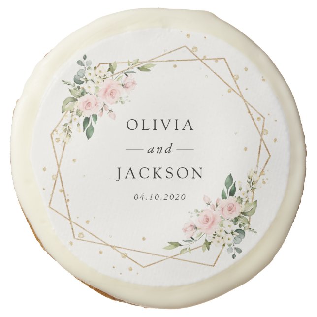 Pink Flowers, White Flowers, Greenery, Wedding Sugar Cookie (Front)