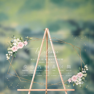 Pink Flowers, White Flowers, Wedding Timeline Acrylic Sign