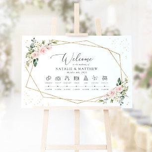 Pink Flowers, White Flowers, Wedding Timeline Sign
