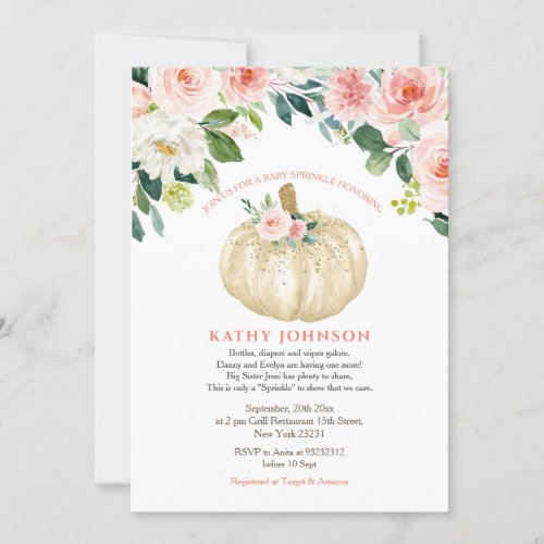 Pink Flowers White Pumpkin Baby Sprinkle Invitation