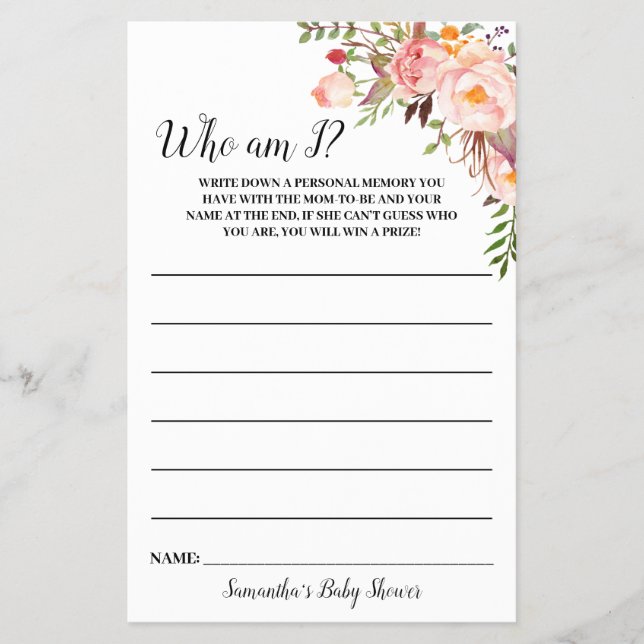 Pink Flowers Who am I Baby Shower Game Card Flyer (Front)