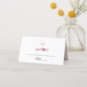 Pink flowers. Wine glass. Elegant roses wedding Place Card