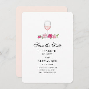 Pink flowers. Wine glass. Roses save the date Invitation