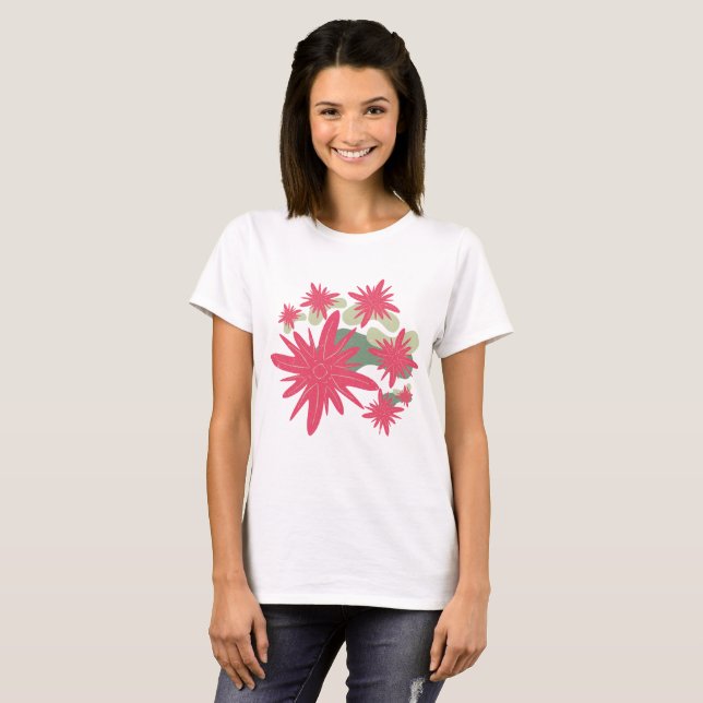 Pink flowers with a green random shape T-Shirt (Front Full)
