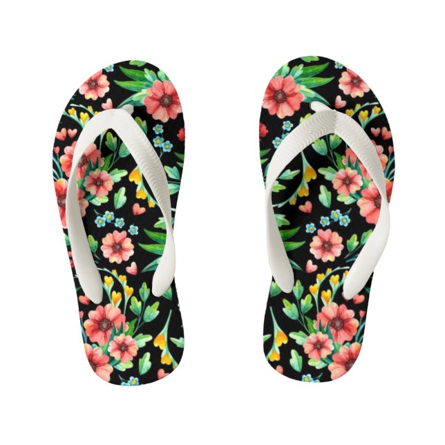 Pink Flowers with Black Background-23500 Kid's Flip Flops (Footbed)