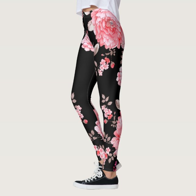 Pink flowers with black background legging. leggings (Left)