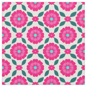 Pink Flowers With Blue Centers and Green Leaves Fabric