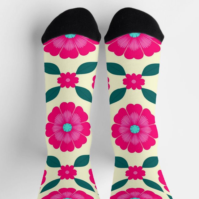 Pink Flowers With Blue Centers and Green Leaves Socks (Top)