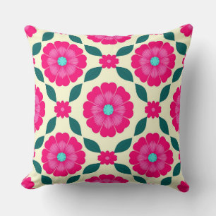 Pink Flowers With Blue Centers and Green Leaves Throw Pillow