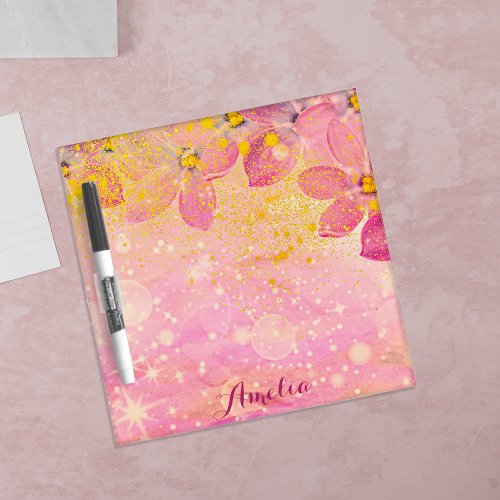 Pink Flowers With Bokeh Sparkles  Paint Splatters Dry Erase Board