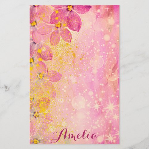 Pink Flowers With Bokeh Sparkles  Paint Splatters Stationery