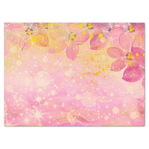 Pink Flowers With Bokeh Sparkles  Paint Splatters Tissue Paper
