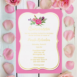Pink Flowers with Foil Quinceañera Foil  Invitation