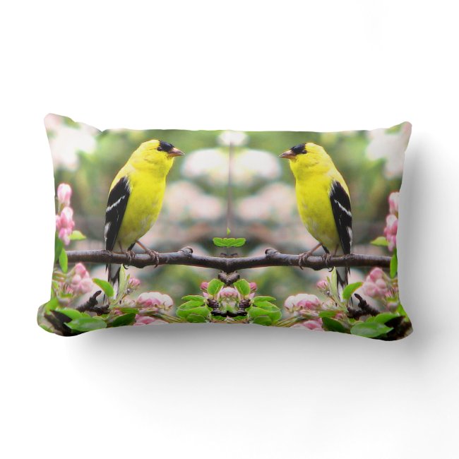 Pink Flowers with Goldfinch Birds Lumbar Pillow