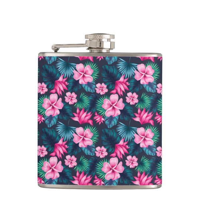 Pink Flowers with Green Leaves Partern-79066 Flask (Front)