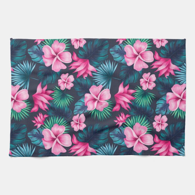 Pink Flowers with Green Leaves Partern-79066 Kitchen Towel (Horizontal)