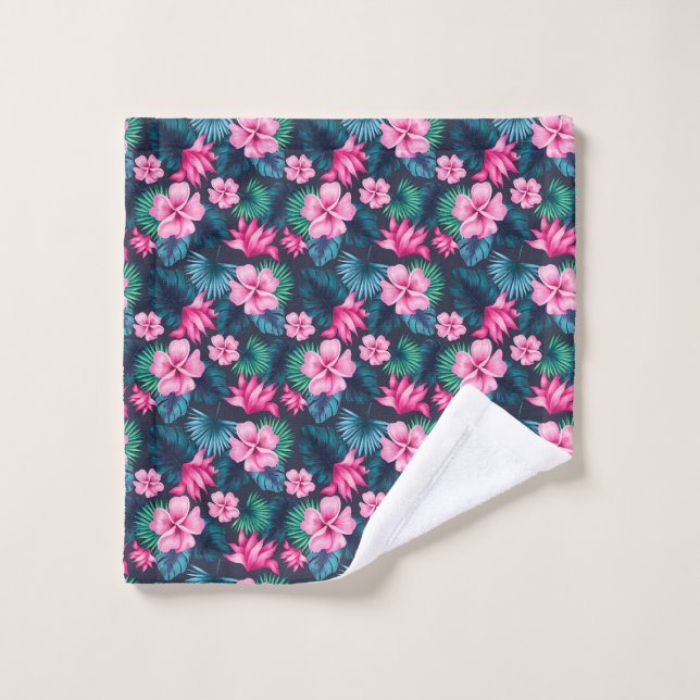 Pink Flowers with Green Leaves Partern-79066 Wash Cloth (Wash Cloth)