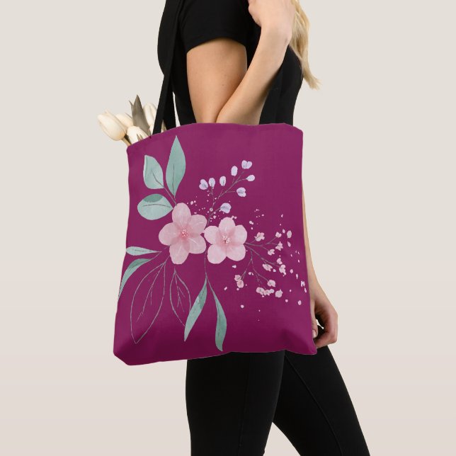 Pink flowers with green leaves tote bag (Close Up)