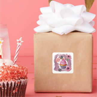 Pink Flowers with Halloween Cake Square Sticker