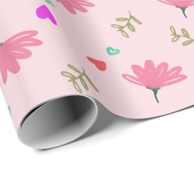 Pink Flowers With Hearts Wrapping Paper (Roll Corner)