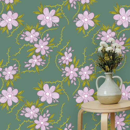 Pink Flowers  with Light Green Leaves and Stems Wallpaper