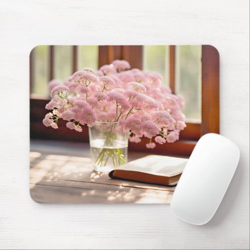 Pink Flowers With Old Book Mouse Pad