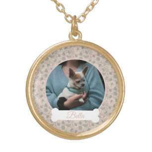 Pink flowers with photo of YOUR DOG and name bone Gold Plated Necklace