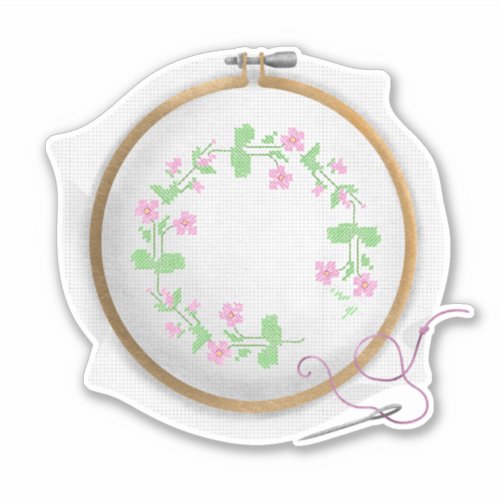 Pink flowers with vines cross_stitch _ ROSE Sticker