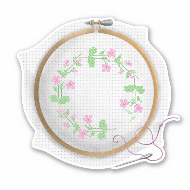 Pink flowers with vines cross-stitch - ROSE Sticker (Front)