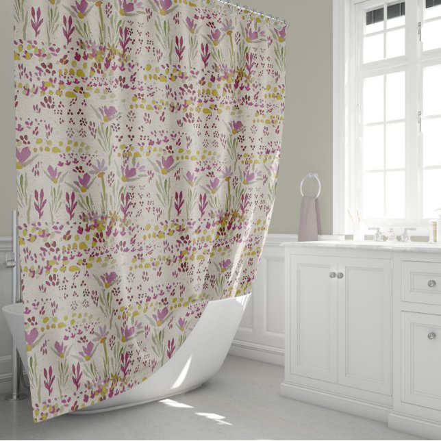Pink Flowers With Yellow Centers In A Meadow  Shower Curtain (Pink Flowers With Yellow Centers In A Meadow Shower Curtain by Jenn Steffen for Studio Posies.)