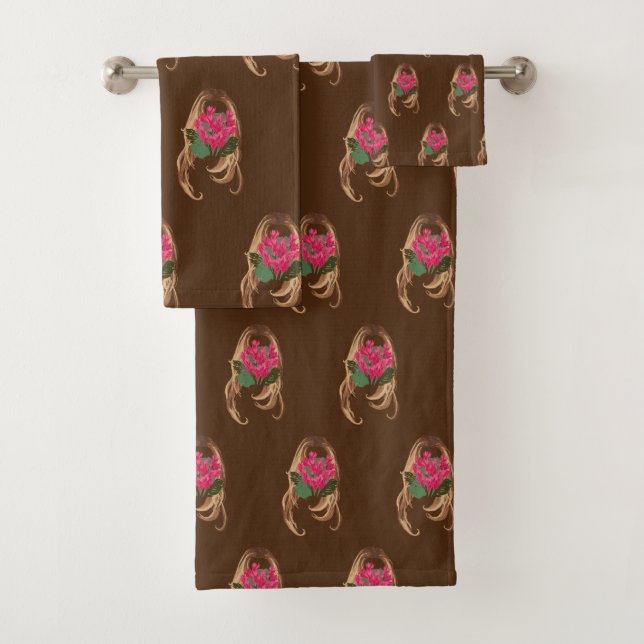 Pink Flowers & Woman Face Bath Towel Set (Insitu)