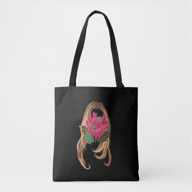 Pink Flowers & Woman Face Tote Bag (Front)