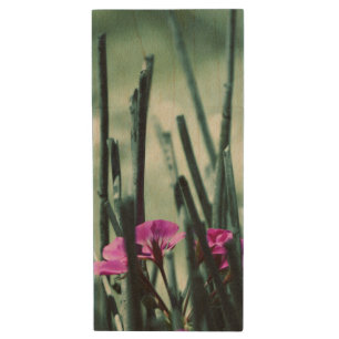 Pink Flowers Wood USB Flash Drive